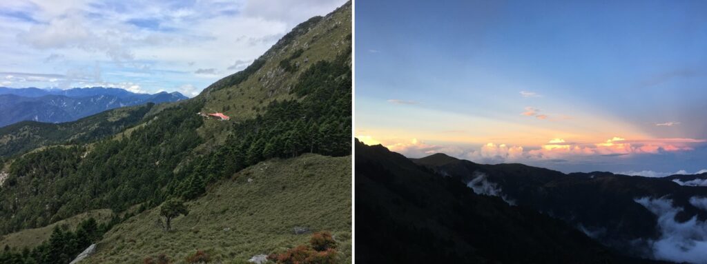 遠眺嘉明湖山屋與夕陽景色